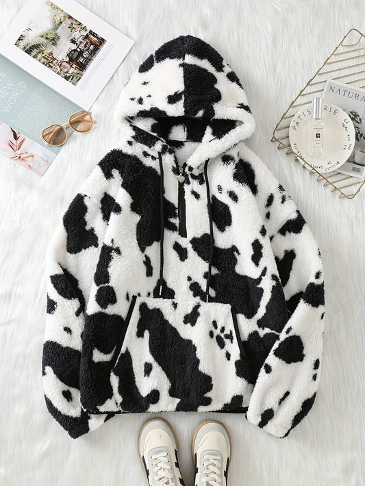 Dames zachte fleece hoodie met koeienprint & capuchon