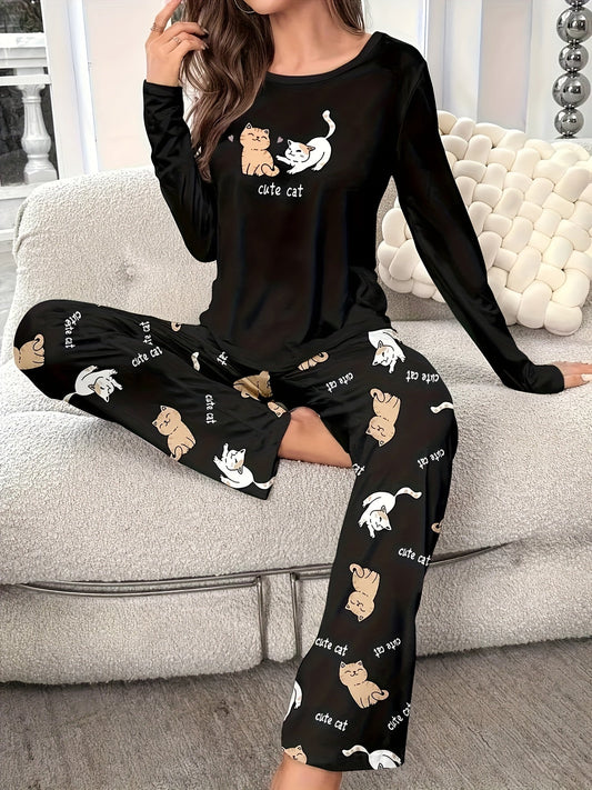 Dames pyjama set met kattenprint | Lange mouw en broek