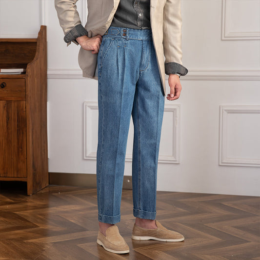 Vintage Denim Broek | Heren geplooide straight fit jeans