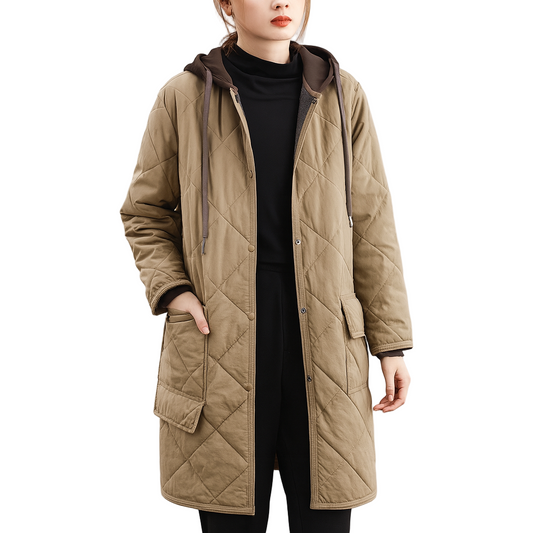 Marcia coat | dames lange gewatteerde jas met capuchon lichtgewicht