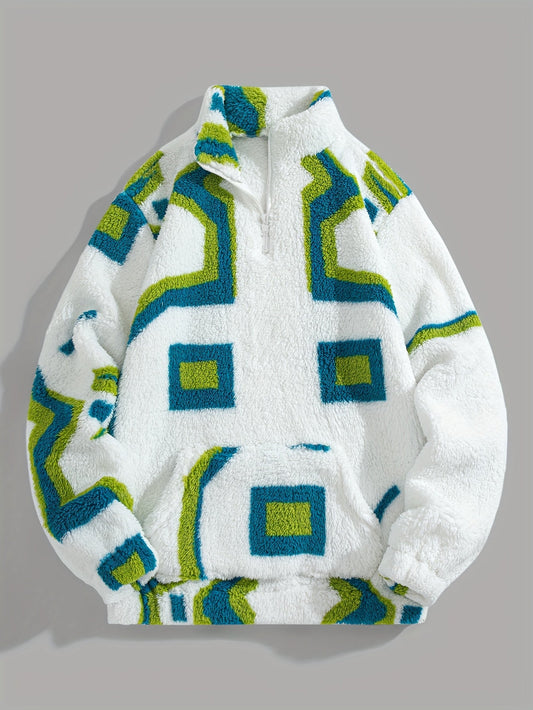 Damian | Heren fleece vest wit met geometrisch patroon | Halve rits