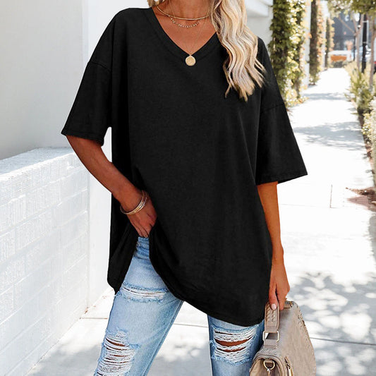Kate | Losse effen katoenen V-hals T-shirt voor dames
