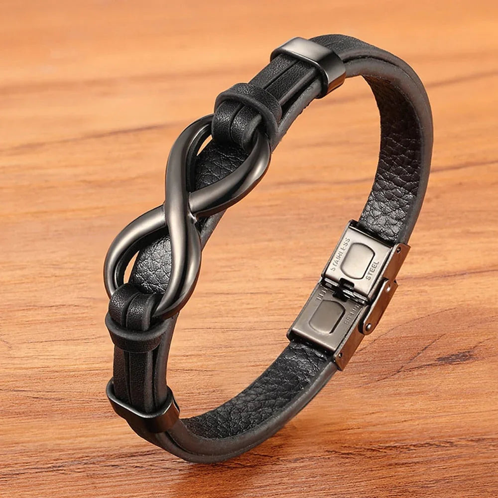 Infinity Herenarmband Zwart | Leer met stalen oneindigheidssymbool