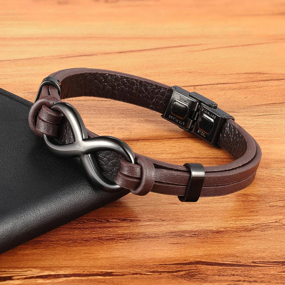 Infinity Herenarmband Zwart | Leer met stalen oneindigheidssymbool