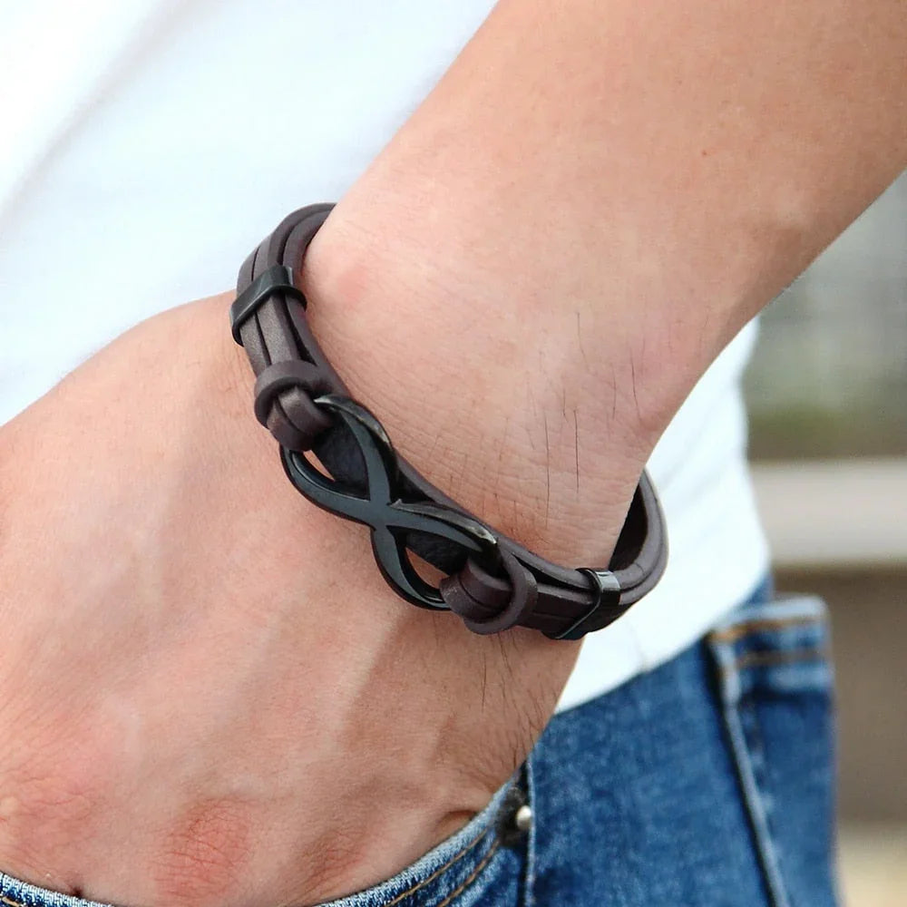 Infinity Herenarmband Zwart | Leer met stalen oneindigheidssymbool
