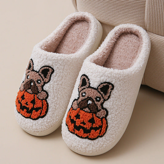 Pumpkin Pup Pantoffels | Warme dames sloffen met hond en pompoenprint