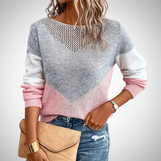 Kleurblok Trui | Dames gebreide sweater in roze-grijs