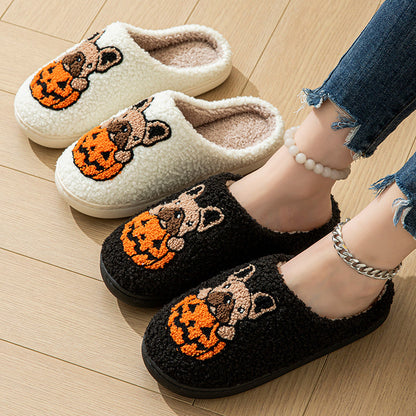 Pumpkin Pup Pantoffels | Warme dames sloffen met hond en pompoenprint