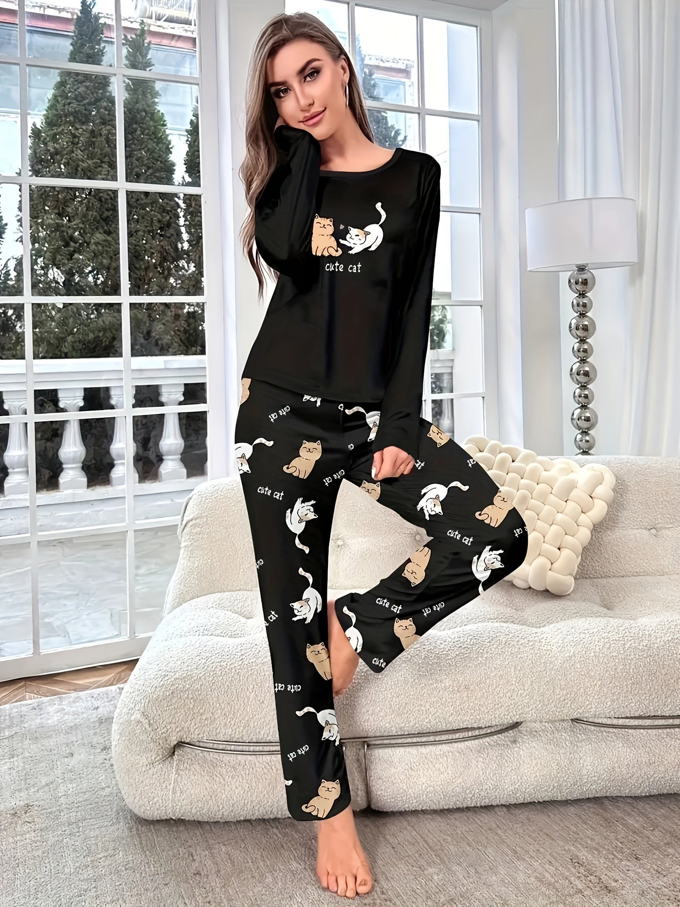 Dames pyjama set met kattenprint | Lange mouw en broek