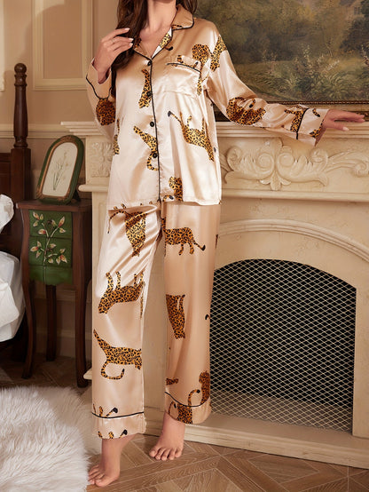 Dames pyjama set | Satijnen pyjama met luipaardprint