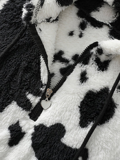 Dames zachte fleece hoodie met koeienprint & capuchon