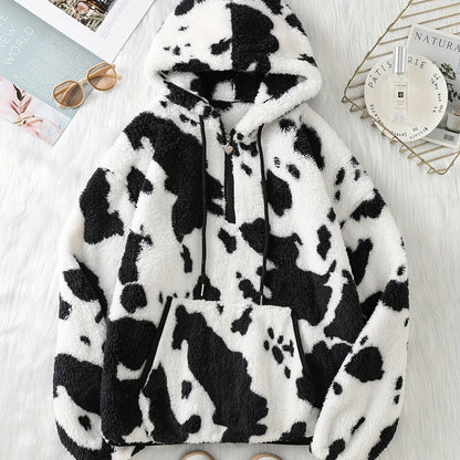Dames zachte fleece hoodie met koeienprint & capuchon