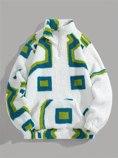 Damian | Heren fleece vest wit met geometrisch patroon | Halve rits