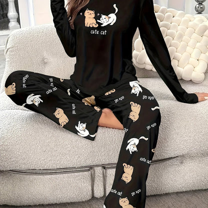 Dames pyjama set met kattenprint | Lange mouw en broek