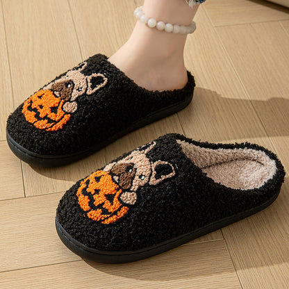 Pumpkin Pup Pantoffels | Warme dames sloffen met hond en pompoenprint