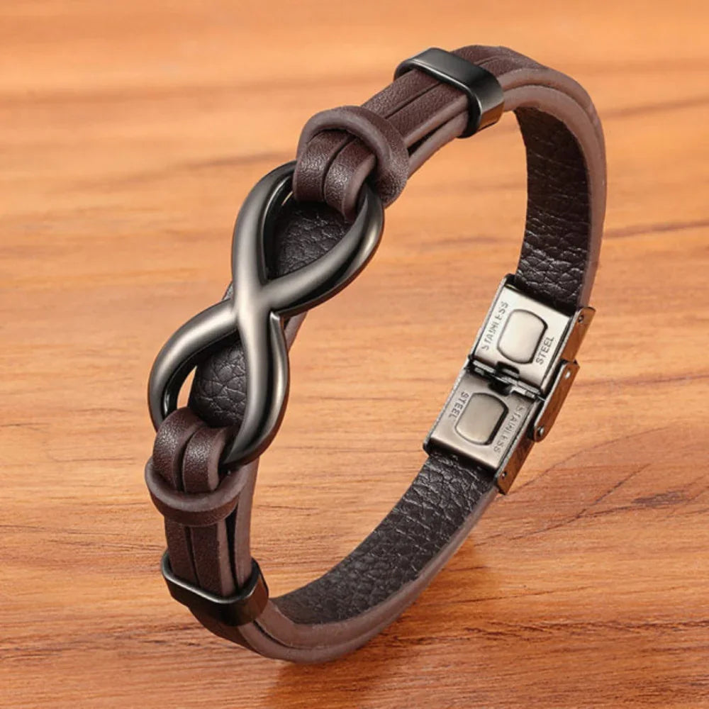 Infinity Herenarmband Zwart | Leer met stalen oneindigheidssymbool