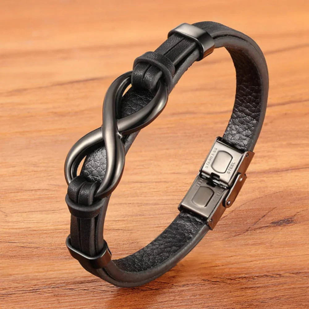 Infinity Herenarmband Zwart | Leer met stalen oneindigheidssymbool