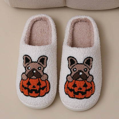 Pumpkin Pup Pantoffels | Warme dames sloffen met hond en pompoenprint