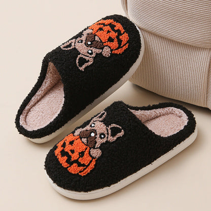 Pumpkin Pup Pantoffels | Warme dames sloffen met hond en pompoenprint