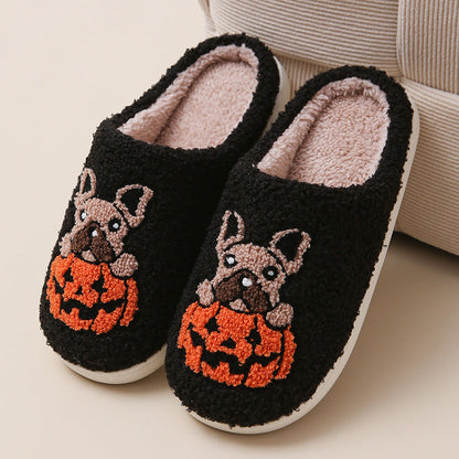Pumpkin Pup Pantoffels | Warme dames sloffen met hond en pompoenprint