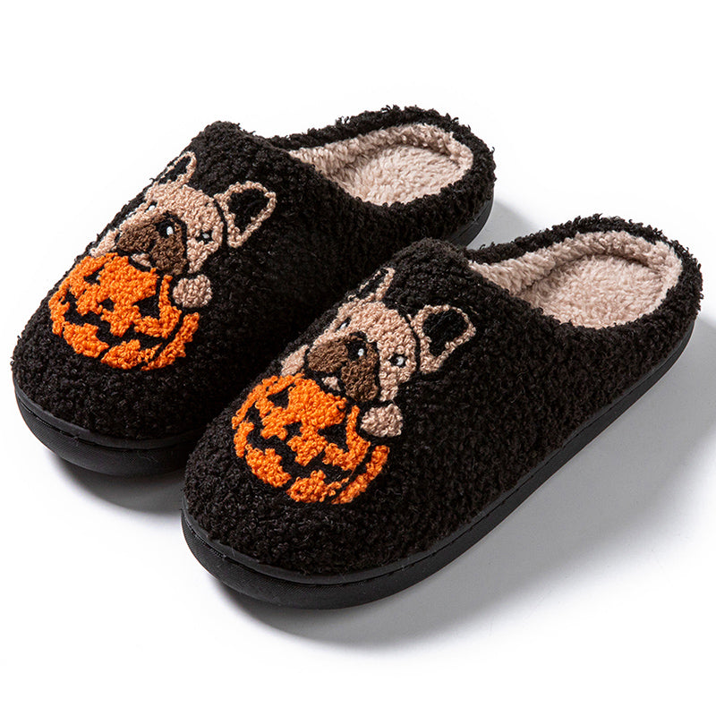 Pumpkin Pup Pantoffels | Warme dames sloffen met hond en pompoenprint