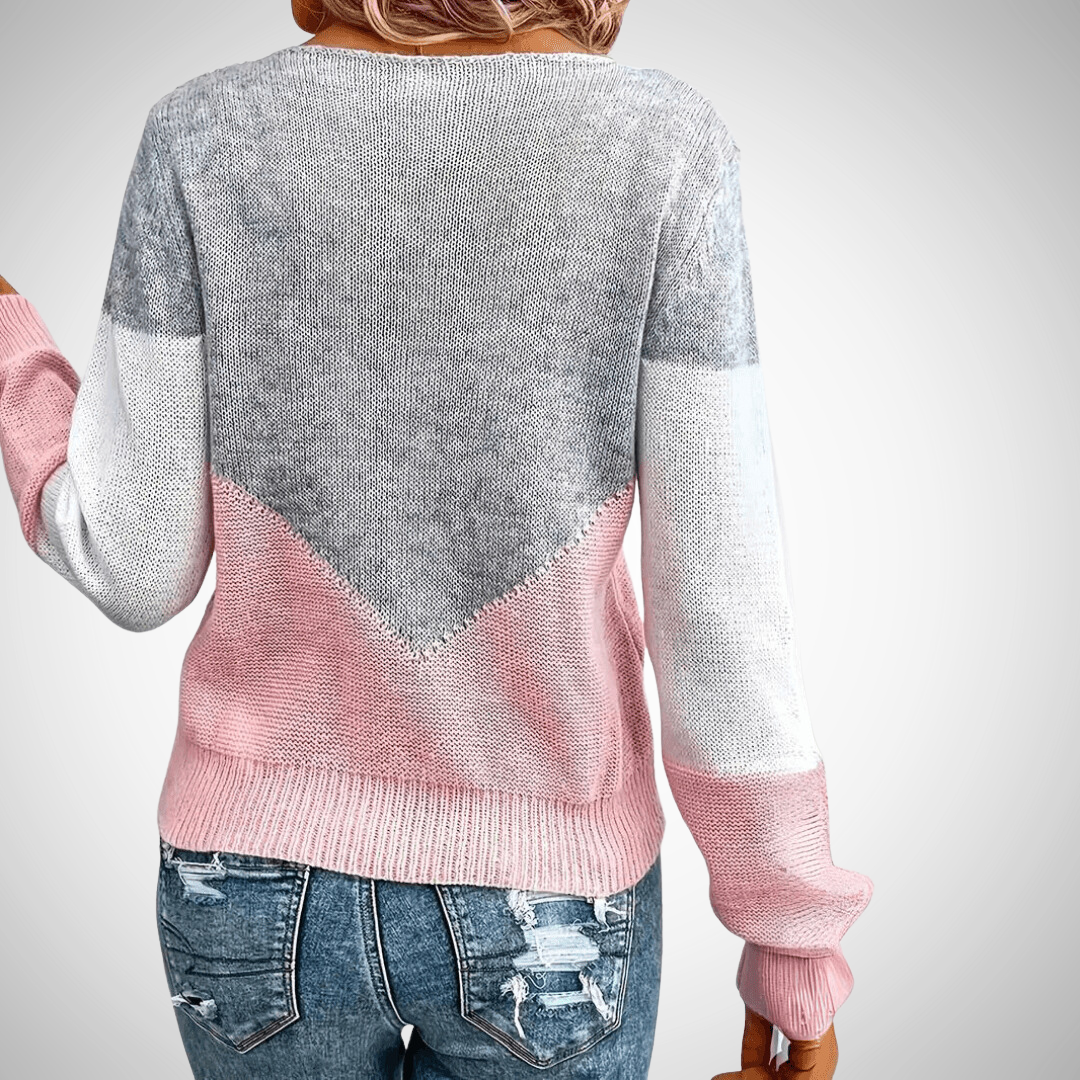 Kleurblok Trui | Dames gebreide sweater in roze-grijs