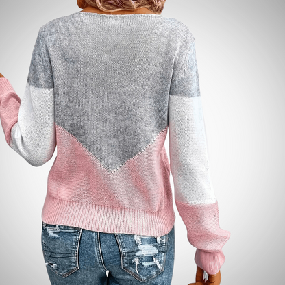 Kleurblok Trui | Dames gebreide sweater in roze-grijs