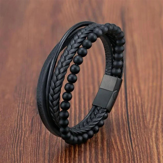 VolcanicLayer Herenarmband | Leren armband met kralen en magnetische sluiting
