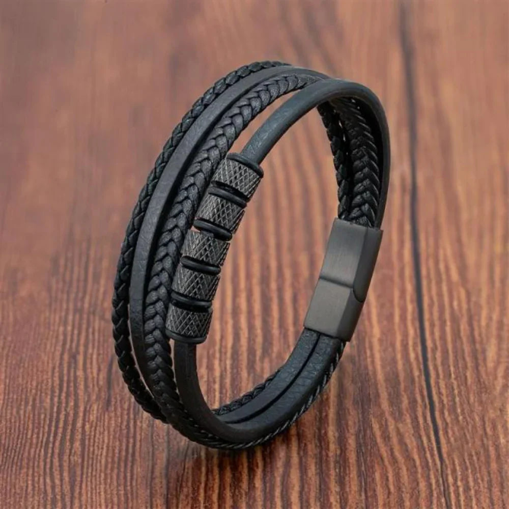 VolcanicLayer Herenarmband | Leren armband met kralen en magnetische sluiting
