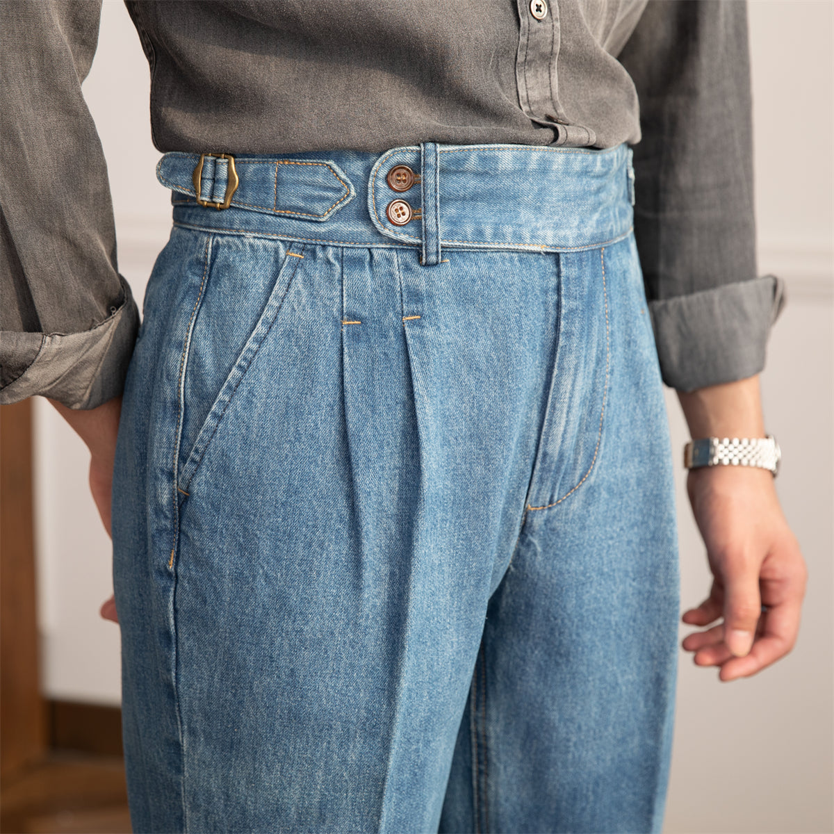 Vintage Denim Broek | Heren geplooide straight fit jeans