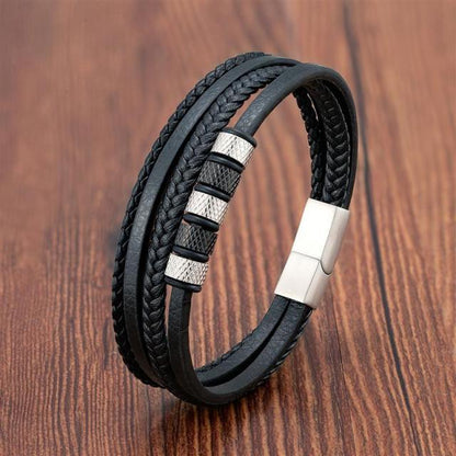 VolcanicLayer Herenarmband | Leren armband met kralen en magnetische sluiting